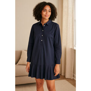 Quince Drop Waist Shirt Dress Womens Large Navy 100% Organic Cotton Old Money
